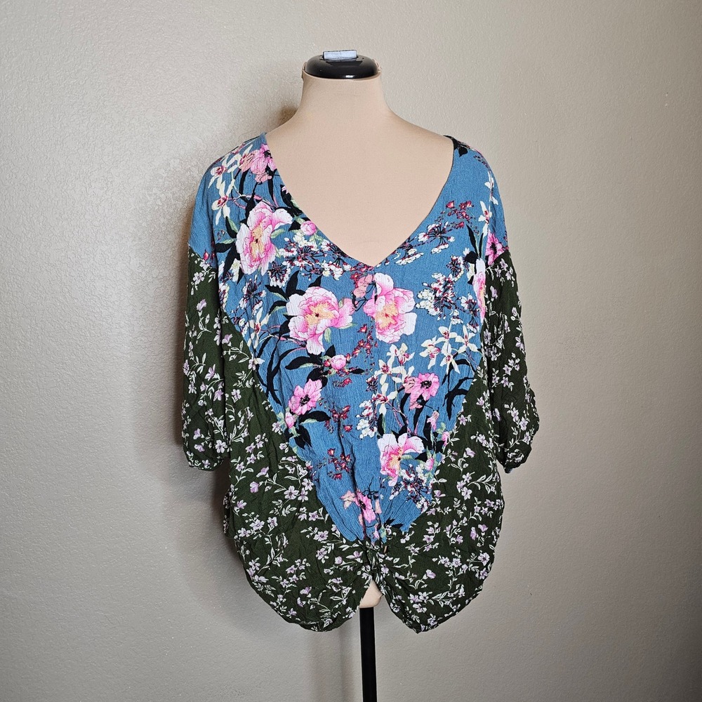 Umgee Floral Mixed Print Dolman Sleeve Knot Front Top Blue Olive Large